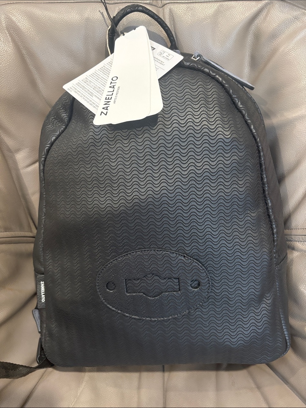Zanella Black Textured Wave-Pattern Leather Backpack